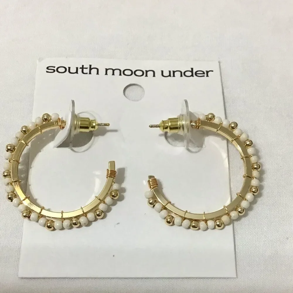 South Moon Under White Hoops Beads Pierced Earrings New With Tag